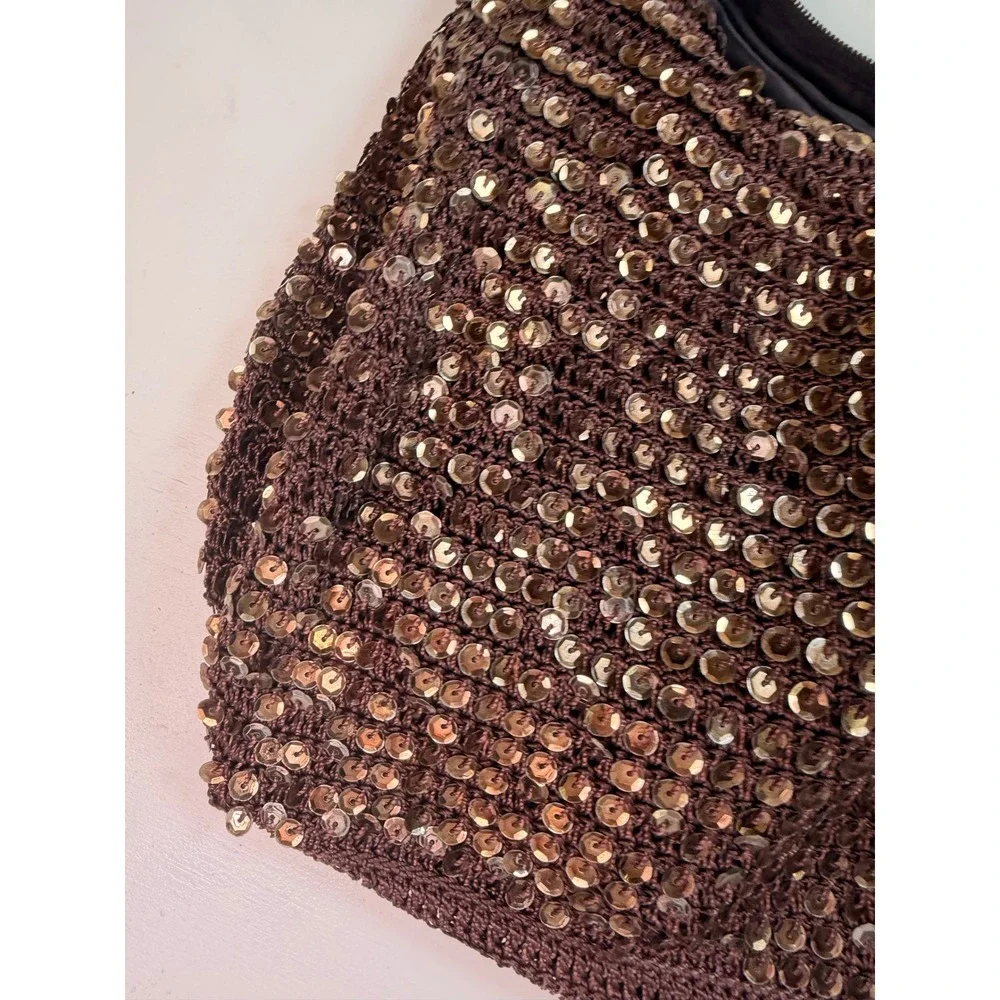 Y2K Sequin Crochet Hobo Bag Women Small Brown Sparkly Knit Zipper